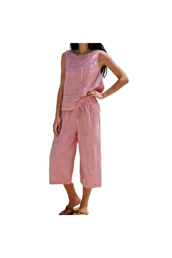 Two Piece Sets for Women Trendy Striped Womens Suit Set with Pockets Comfy Crew Neck Sleeveless Tops Drawstring Waist Capri Pants Suit Breathable Summer Beach Vacation Outfits 2XL