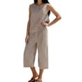 thumbnail image 1 of Zynoxe Two Piece Sets for Women Trendy Striped Womens Suit Set with Pockets Comfy Crew Neck Sleeveless Tops Drawstring Waist Capri Pants Suit Breathable Summer Beach Vacation Outfits M, 1 of 4
