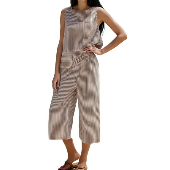 Zynoxe Two Piece Sets for Women Trendy Striped Womens Suit Set with Pockets Comfy Crew Neck Sleeveless Tops Drawstring Waist Capri Pants Suit Breathable Summer Beach Vacation Outfits M