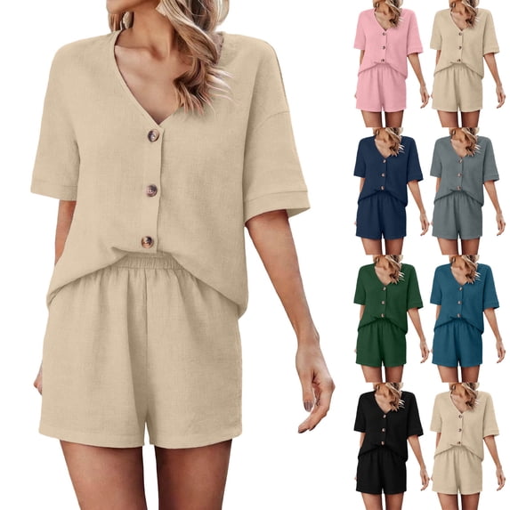 Zynoxe Two Piece Sets for Women Trendy V Neck Button-Up Short Sleeve Top Elastic Waist Shortsset Comfy Breathable Cotton Womens Sets Versatile Casual Solid Color Summer Outfits L