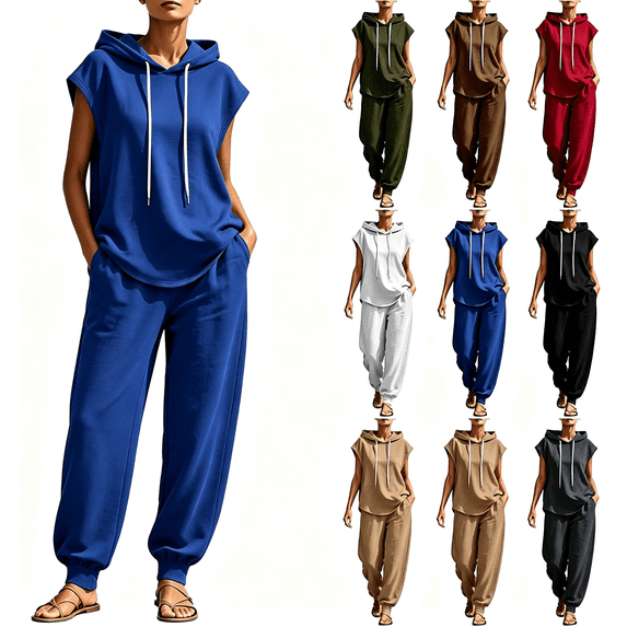 Zynoxe Two Piece Sets for Women Solid Color Sleeveless Drawstring Hoodies and Baggy Joggers Sweatsuit Sets Breathable Comfy Lounge Sets