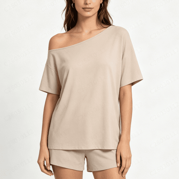 Zynoxe Two Piece Short Sets for Women Casual Off Shoulder Solid Color Loose Fit Summer Sets Trendy Plus Size Beach Vacation Lounge Sets Beige S