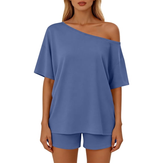 Zynoxe Two Piece Short Sets for Women Casual Off Shoulder Solid Color Loose Fit Summer Sets Trendy Plus Size Beach Vacation Lounge Sets Light Blue XS