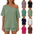 thumbnail image 1 of Zynoxe Two Piece Short Sets for Women Casual Off Shoulder Solid Color Loose Fit Summer Sets Trendy Plus Size Beach Vacation Lounge Sets Mint Green M, 1 of 8