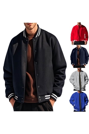 Windbreaker Jacket for Men Classic Stand Collar Button Down Jacket Lightweight Relaxed Long Sleeve Pullover Jacket Trendy Striped Ribbed Cuffs Hem Fall Winter Coat with Side Pockets S