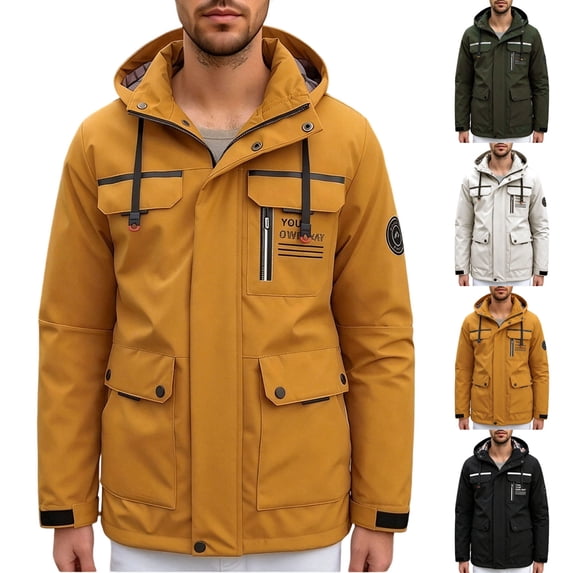 Zynoxe Windbreaker Waterproof Jackets for Men Adjustable Cuffs Zip Up Jacket Detachable Drawstring Hooded Jackets Fashion Solid Color Outdoor Fall Winter Hiking Jacket with Multi Pocket L