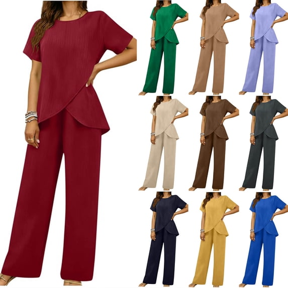 Zynoxe Women Suits 2 Piece Set Classic Crew Neck Short Sleeve Top Comfort Elastic Waist Long Pants Set Stylish Irregular Hem Sets for Women Breathable Lightweight Solid Color Summer Outfits S