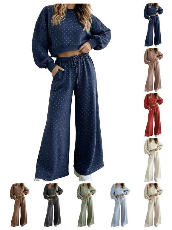 Women Suits 2 Piece Set with Pockets Classic Round Neck Long Sleeve Crop Sweatshirt & Drawstring Wide Leg Pants Suit Fashion Polka Dot Sweatsuit Set Vacation Outfits for Women Beige S
