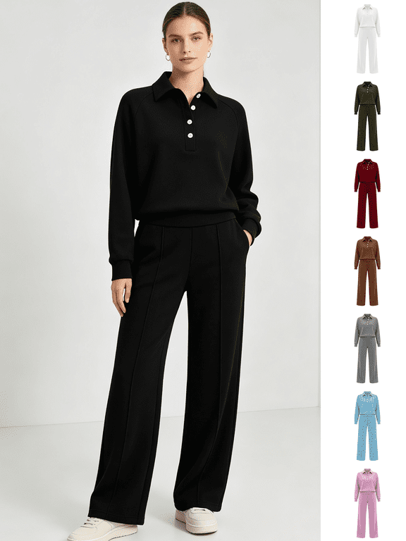 Women Suits 2 Piece Set with Pockets Trendy Lapel Button Long Sleeve Top & Elastic Waistband Wide Leg Pants Suit Casual Solid Color Sweatshirt Sets Fashion Sweat Suits for Womens Pink M