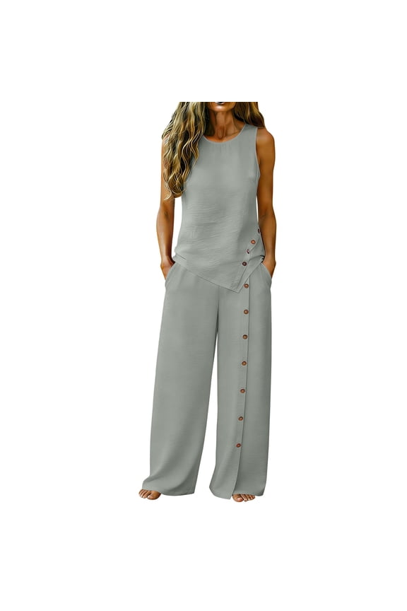 Women Suits 2 Piece Set Stylish Round Neck Sleeveless Top Wide Leg Pant Suit Versatile Casual Solid Color Vacation Outfits Comfy Linen Button Down Summer Sets with Pockets M