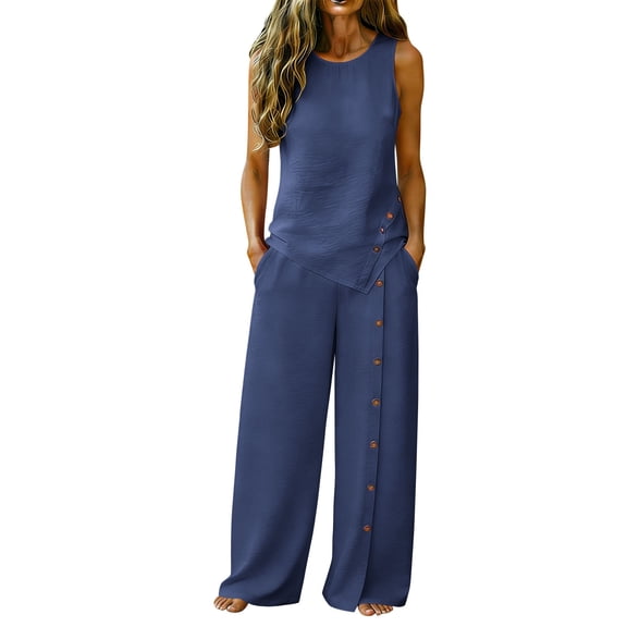 Zynoxe Women Suits 2 Piece Set Stylish Round Neck Sleeveless Top Wide Leg Pant Suit Versatile Casual Solid Color Vacation Outfits Comfy Linen Button Down Summer Sets with Pockets XL