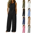 thumbnail image 1 of Zynoxe Women Suits 2 Piece Set Stylish Round Neck Sleeveless Top Wide Leg Pant Suit Versatile Casual Solid Color Vacation Outfits Comfy Linen Button Down Summer Sets with Pockets S, 1 of 7