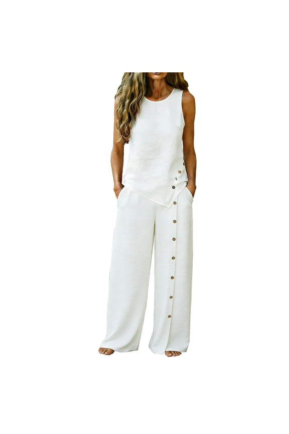 Women Suits 2 Piece Set Stylish Round Neck Sleeveless Top Wide Leg Pant Suit Versatile Casual Solid Color Vacation Outfits Comfy Linen Button Down Summer Sets with Pockets 3XL