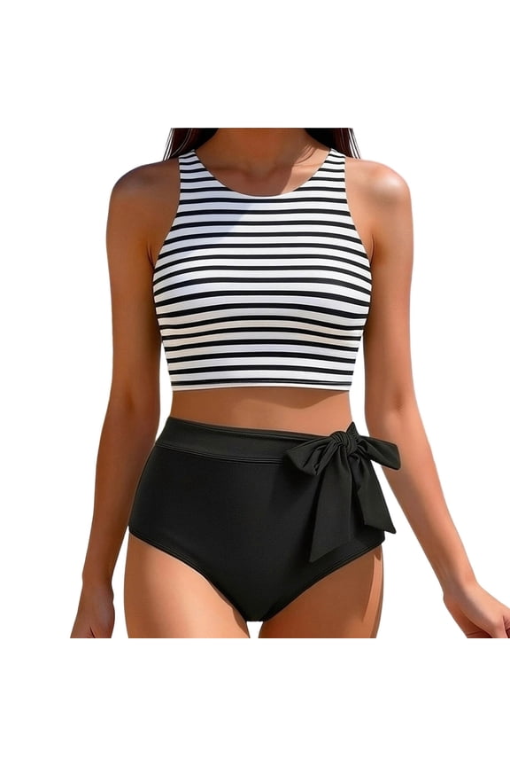 Bikini Sets for Women Two Piece Cross-Back Tummy Control Bathing Suits Summer Solid Color Modest Racerback High Waisted Swimsuits with Tie Side Knot