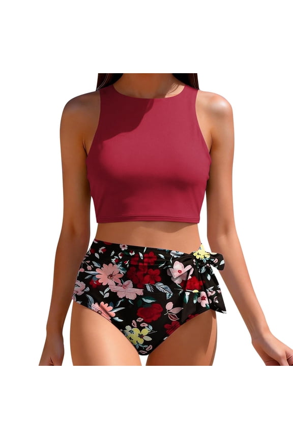 Bikini Sets for Women Two Piece Cross-Back Tummy Control Bathing Suits Summer Solid Color Modest Racerback High Waisted Swimsuits with Tie Side Knot
