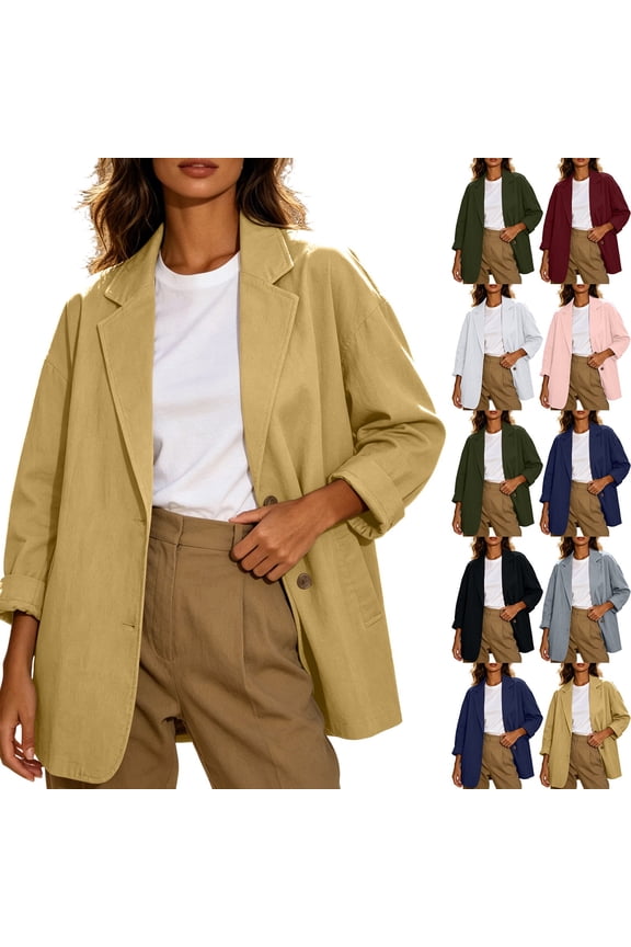 Women's Blazer Jacket with Side Pockets Relaxed Long Sleeve Mid Length Suit Jacket Classic Open Front Notched Lapel Suit Coat Fashionable Solid Color Fall Jacket for Wome S