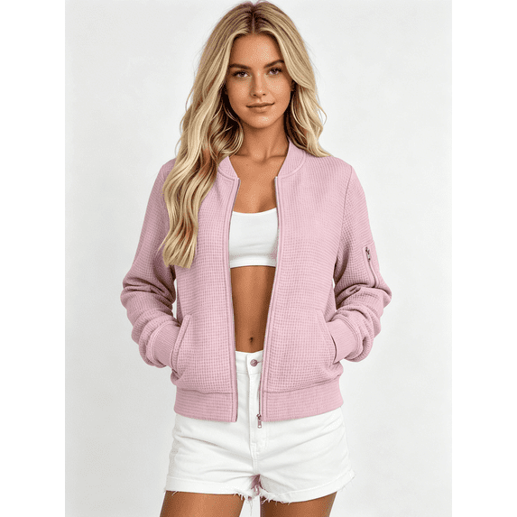 Zynoxe Women's Bomber Jacket with Pockets Classic Stand Collar Full Zip Jacket for Women Relaxed Loose Long Sleeve Casual Coat Comfort Breathable Waffle Knit Jacket Versatile Solid Color Jacket XL