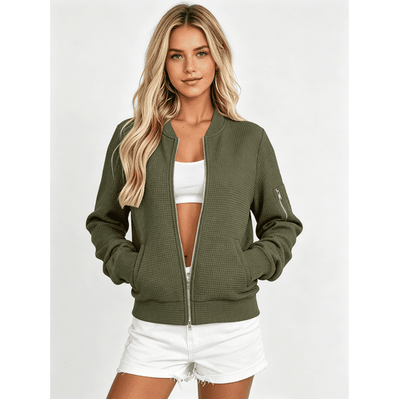 Zynoxe Women's Bomber Jacket with Pockets Classic Stand Collar Full Zip Jacket for Women Relaxed Loose Long Sleeve Casual Coat Comfort Breathable Waffle Knit Jacket Versatile Solid Color Jacket XL