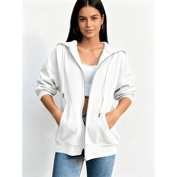 Zynoxe Women's Casual 3/4 Sleeve Jacket Drawstring Elastic Cuffs Zip Up Hoodie for Women Versatile Fashionable Solid Color Fashion Clothing Lightweight Breathable Loose-Fit Outerwear with Pockets XL