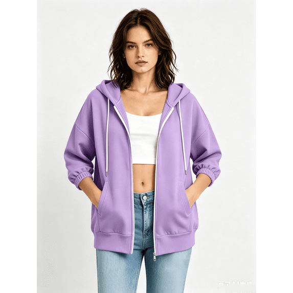 Zynoxe Women's Casual 3/4 Sleeve Jacket Drawstring Elastic Cuffs Zip Up Hoodie for Women Versatile Solid Color Fashion Clothing Lightweight Breathable Loose-Fit Outerwear With Pockets 2XL