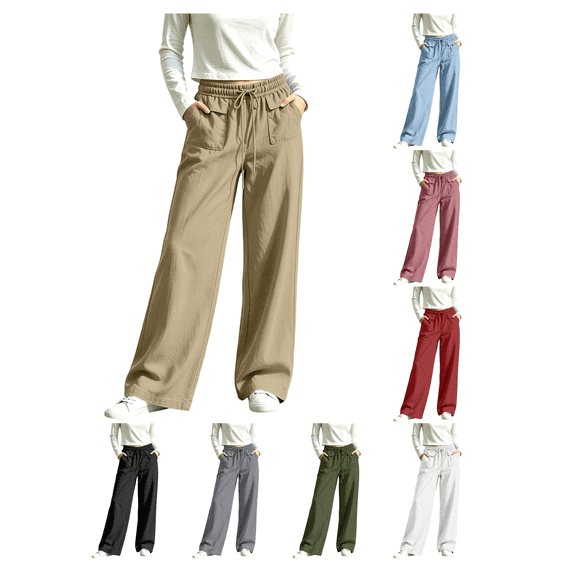 Zynoxe Women's Cotton Linen Pants Relaxed Wide Leg Pants for Women Elastic Waist Drawstring Lounge Pants Versatile Solid Color Casual Trousers with Side Pockets