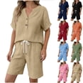 thumbnail image 1 of Zynoxe Women's Cotton Linen Two Piece Sets Relaxed V Neck Short Sleeve Button Top Straight Leg Elastic Drawstring Waist Shorts Set Comfy Breathable Summer Outfits Versatile Solid Color Lounge Set 2XL, 1 of 6