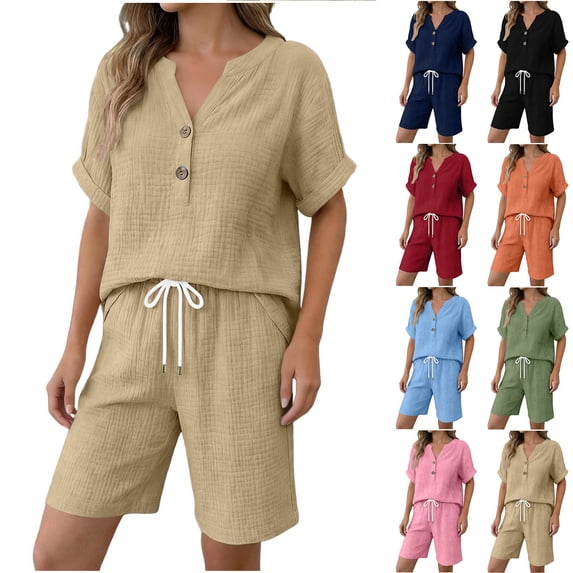 Zynoxe Women's Cotton Linen Two Piece Sets Relaxed V Neck Short Sleeve Button Top Straight Leg Elastic Drawstring Waist Shorts Set Comfy Breathable Summer Outfits Versatile Solid Color Lounge Set 2XL