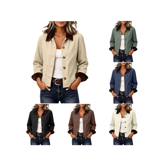 Zynoxe Women's Cropped Jacket Fashionable Corduroy Cuffs & Collared Jackets for Women Relaxed Long Sleeve Button Down Casual Jackets Solid Color Casual Outerwear With Side Pockets M