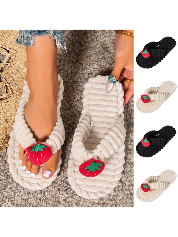 Women's FlipâFlop Slippers Cute Strawberry Decor Slippers for Women Soft Flat Open Toe SlipâOn Slippers Plush Indoor Cotton House Slippers Black 5.5-6