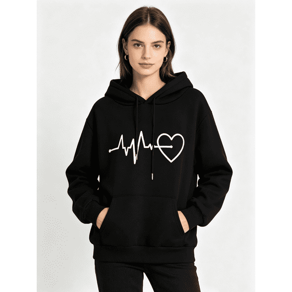 Zynoxe Women's Heart Print Sweatshirt with Kangaroo Pocket Drawstring Lightweight Hoodies for Women Comfort Elastic Ribbed Cuffs Hem Pullover Hoodie Oversized Long Sleeve Athletic Tops S