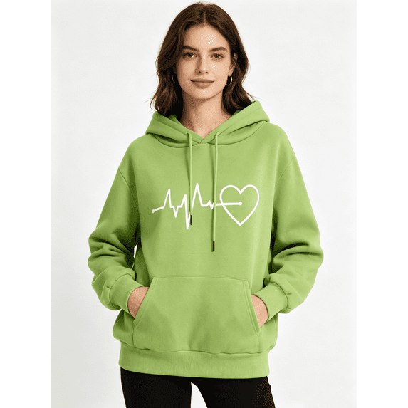 Zynoxe Women's Heart Print Sweatshirt with Kangaroo Pocket Drawstring Lightweight Hoodies for Women Comfort Elastic Ribbed Cuffs Hem Pullover Hoodie Oversized Long Sleeve Athletic Tops M