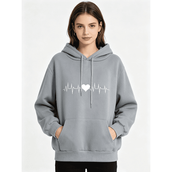 Zynoxe Women's Heart Print Sweatshirt with Kangaroo Pocket Drawstring Lightweight Hoodies for Women Comfort Elastic Ribbed Cuffs Hem Pullover Hoodie Oversized Long Sleeve Athletic Tops XL