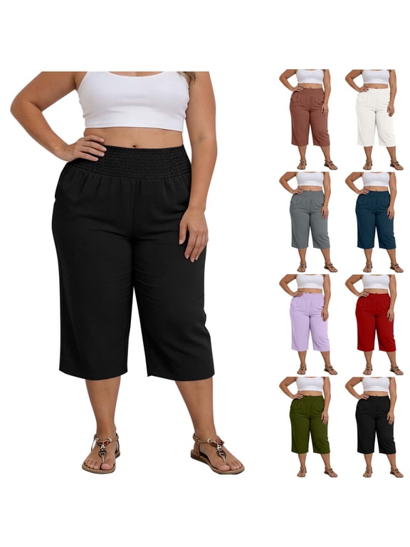 Women's Plus Size Pants with Pockets Comfort Elastic Waistband Straight Leg Pants Casual Loose Solid Color Capri Pants for Women Summer Fashion Pleated Below-Knee Pants 3XL