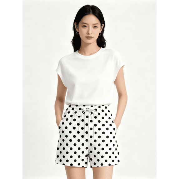 Zynoxe Women's Polka Dot Casual Shorts with Pockets Lightweight Breathable Mid-Thigh Shorts for Women Stretchy Elastic Waistband Drawstring Shorts Summer Versatile Casual Solid Color Beach Shorts M