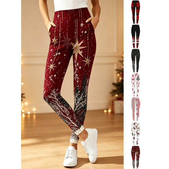 Zynoxe Women's Printed Pants Stretchy High Waist Leggings for Women Fashion Holiday Full Length Workout Pants Versatile Running Gym Yoga Pants #D Multicolor L