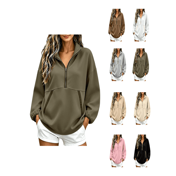 Zynoxe Women's Pullover Sweatshirt Classic Stand Collar Half Zip Sweatshirt for Women Relaxed Drop Shoulder Long Sleeve Sweatshirt Fashion Color Block Top with Pockets & Elastic Ribbed Cuffs L