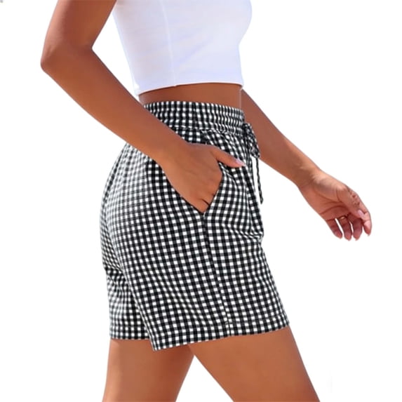 Zynoxe Women's Shorts Casual Elastic Waist Drawstring Gym Shorts for Women Trendy Baggy Plaid Pockets Shorts L