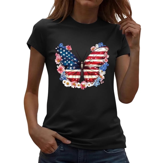 Zynoxe Women's T-Shirts Fourth of July Patriotic Graphic Tees for Women Casual Summer Crew Neck Short Sleeve Going Out Tops (#02 Black,2XL)