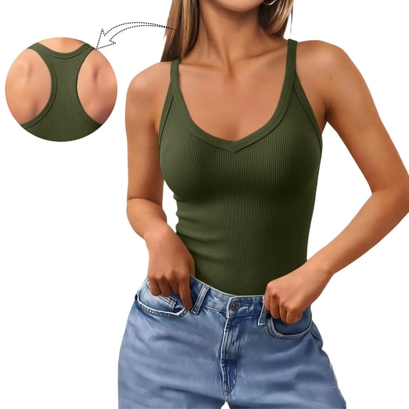 Zynoxe Women's Tank Tops with Built in Bras Summer Racerback Solid Color Ribbed T Shirts for Women Casual Versatile Sleeveless V Neck Going Out Tops (Army Green,2XL)