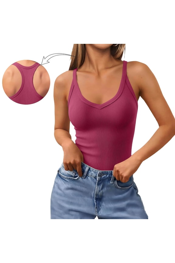 Women's Tank Tops with Built in Bras Summer Racerback Solid Color Ribbed T Shirts for Women Casual Versatile Sleeveless V Neck Going Out Tops (Hot Pink,L)