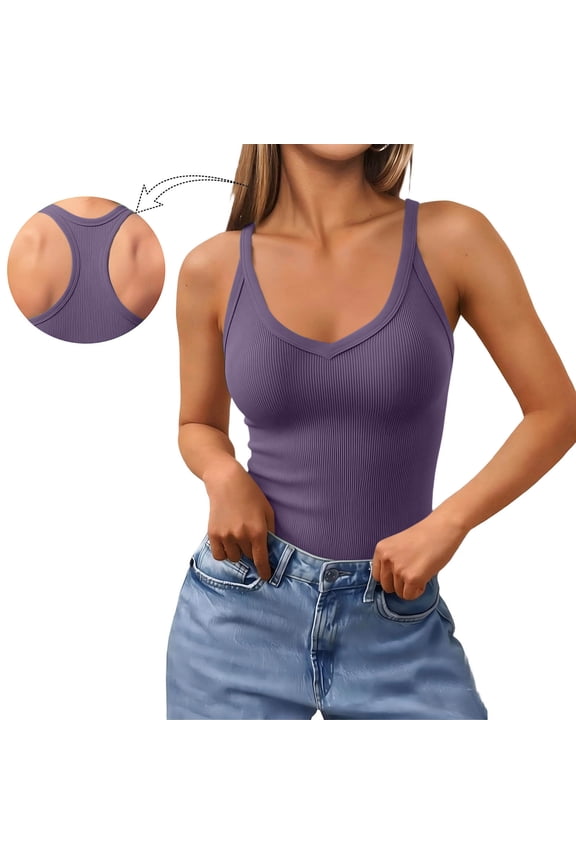 Women's Tank Tops with Built in Bras Summer Racerback Solid Color Ribbed T Shirts for Women Casual Versatile Sleeveless V Neck Going Out Tops (Purple,M)