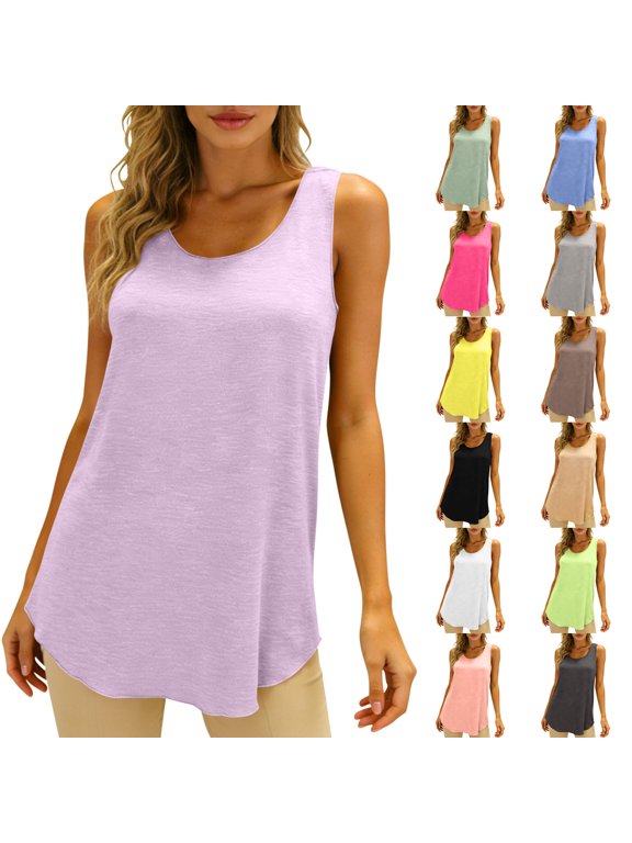 Women's Tops Casual Solid Color Crew Neck Tank Tops Versatile Comfortable Sleeveless Undershirt T Shirts for Women (Purple,L)