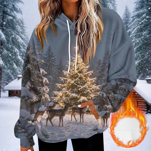 Zynoxe Women's Ugly Christmas Sweatshirt Drawstring Pullover Hoodies for Women Warm Fleece Long Sleeve Sweatshirt Fashionable Printed Sweatshirts with Kangaroo Pocket M