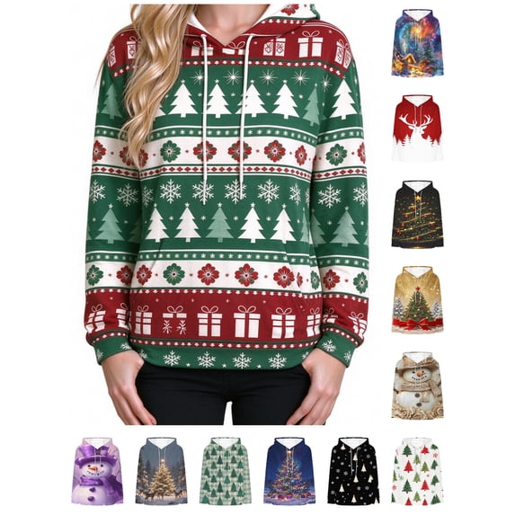 Zynoxe Women's Ugly Christmas Sweatshirt Drawstring Pullover Hoodies for Women Warm Fleece Long Sleeve Sweatshirt Fashionable Printed Sweatshirts with Kangaroo Pocket S