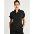 thumbnail image 1 of Zynoxe Women's V-Neck Henley Blouse Casual Short Sleeve Rolled Cuff Top Comfort Breathable Cotton Linen Shirts For Women Versatile Loose Solid Color Button Tops Plus Sized Summer Vacation Outfits S, 1 of 7