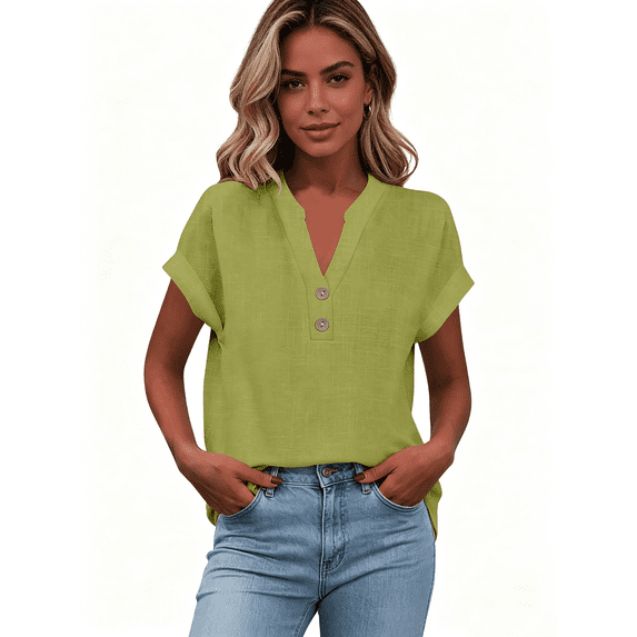 Zynoxe Women's V-Neck Henley Blouse Casual Short Sleeve Rolled Cuff Top Comfort Breathable Cotton Linen Shirts For Women Versatile Loose Solid Color Button Tops Plus Sized Summer Vacation Outfits M