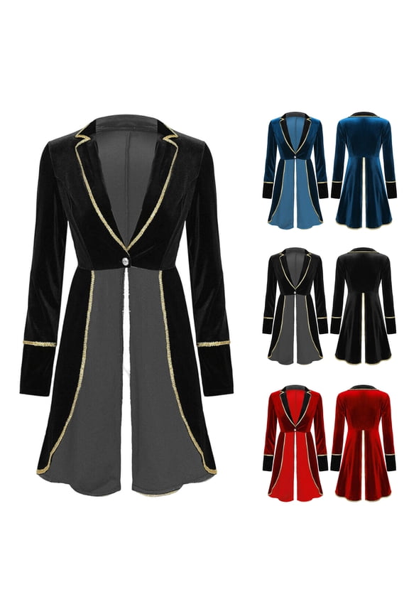 Women's Velvet Blazer Jacket Classic Notched Collar Single Button Tailcoat Jacket Fashion Color Block Long Sleeve Blazer for Women Halloween Costume Stage Performance Outerwear S