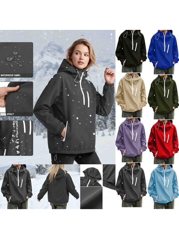 Women's Windbreaker Jackets Lightweight Waterproof Rain Jackets for Women Adjustable Full Zip Drawstring Hooded Jacket Versatile Solid Color Outdoor Ski Shell Coat with Pockets L