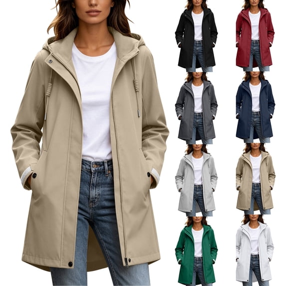 Zynoxe Women's Windbreaker Jackets Lightweight Zip Up Waterproof Jackets for Women Relaxed Mid Length Long Sleeve Drawstring Hooded Jacket Versatile Solid Color Outdoor Coat with Side Pockets S