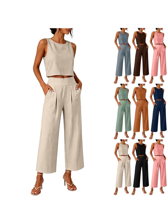Womens 2 Piece Outfits with Pockets Sleeveless Round Neck Crop Top Elastic Waist Wide Leg Culottes Set Comfort Breathable Cotton Linen Vacation Outfits Versatile Solid Color Summer Set M